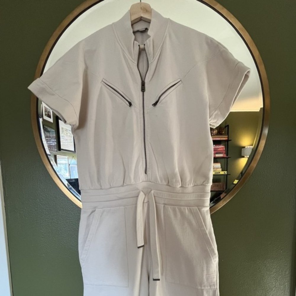 All Saints Kayla Linnet White Cotton Sweatshirt Short Sleeve Zip Front Jumpsuit